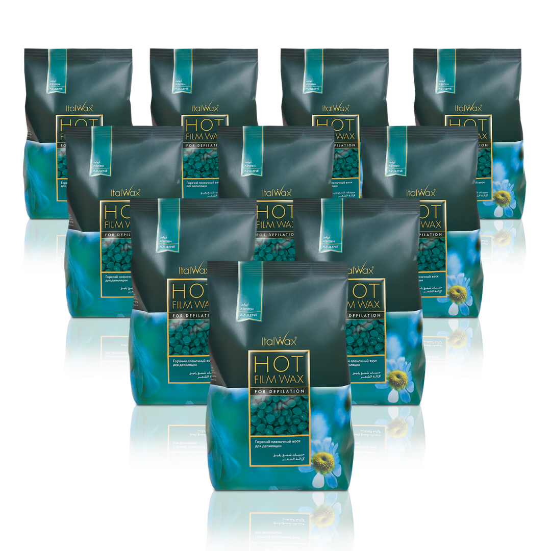 W312B Italwax 10 x 1kg Azulene Film Wax | A collection of green Italwax Azulene film wax, for professional hair removal on underarms and bikini, in a light and dark green branded Italwax plastic bag with green wax beads showing