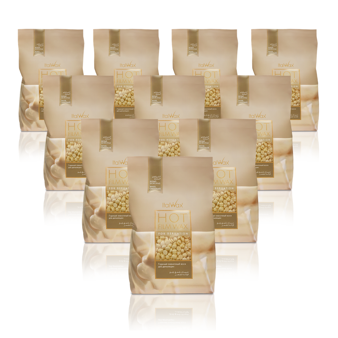 W313B Italwax 10 x 1kg White Chocolate Film Wax | A collection of creamy beige Italwax White Chocolate film wax, for professional hair removal on underarms and bikini, in a beige branded Italwax plastic bag with beige wax beads showing