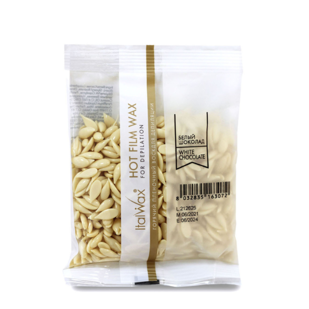 W313A Italwax 100g White Chocolate Film Wax | A stand-up pouch of 100g try me Italwax White Chocolate Hot Film Wax for body depilatory use, shown on a white background with cream-colored wax beads