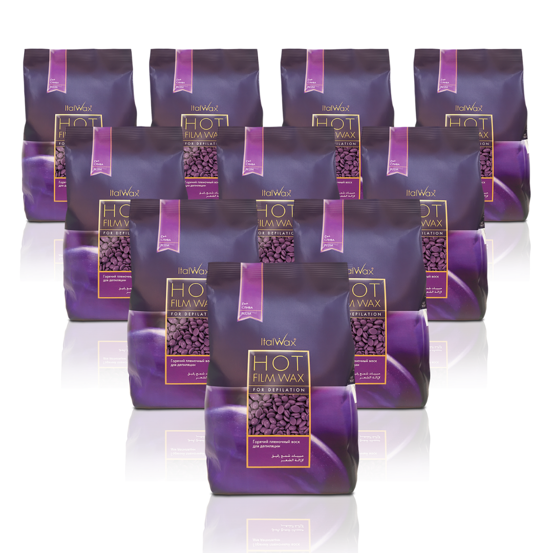 W314B Italwax 10 x 1kg Plum Film Wax | A collection of purple Italwax Plum film wax, for professional hair removal on underarms and bikini, in a light and dark purple plastic bag with purple wax beads showing
