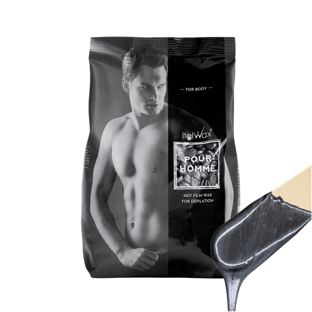 W316 Italwax Pour Homme Film Wax |A bag of Italwax Pour Homme hot film wax for men, shown alongside a spatula holding a strip of the black wax film.