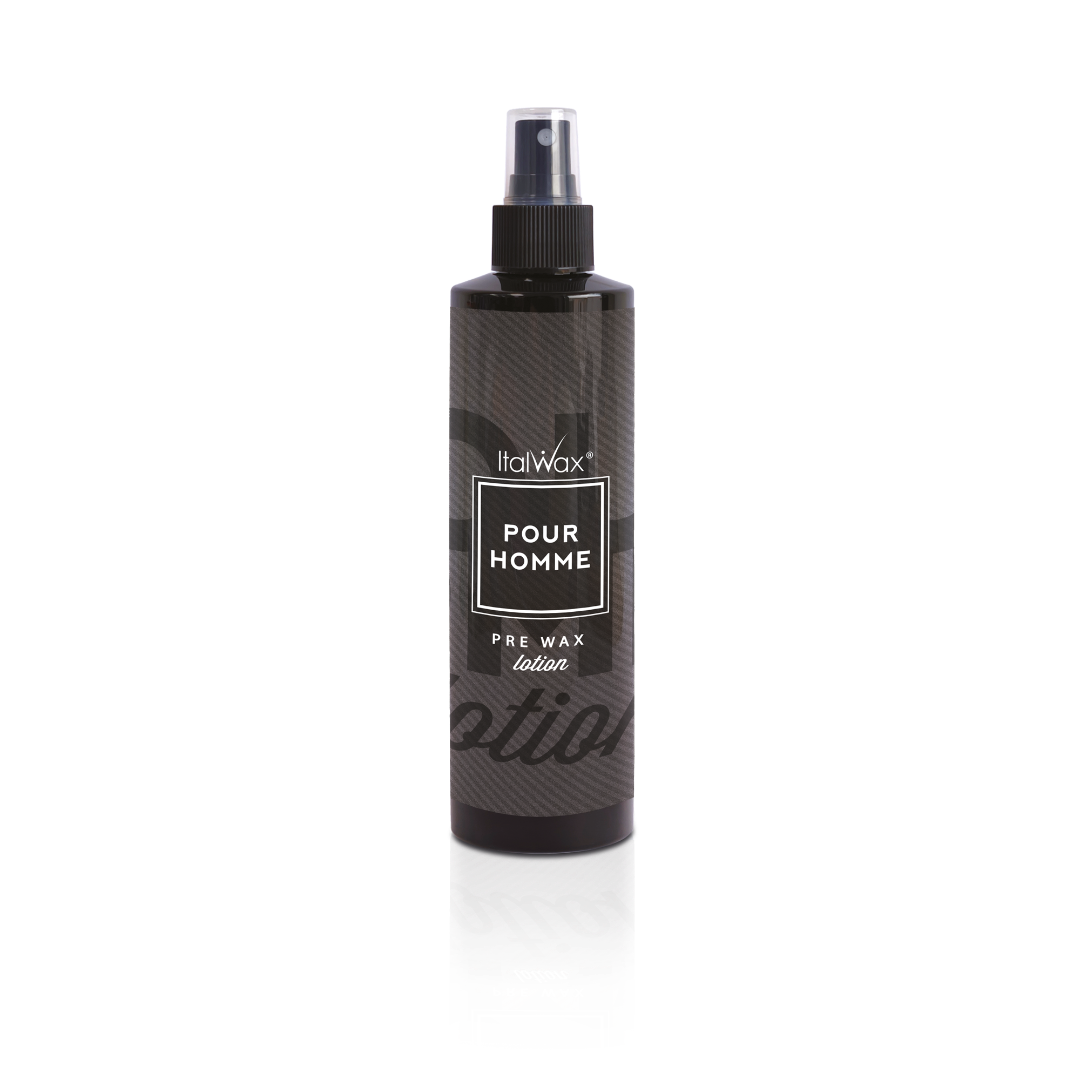W316A Italwax Pour Homme Men Pre-wax Lotion | Black spray bottle labeled 'Pour Homme' Pre-wax Lotion on a white background