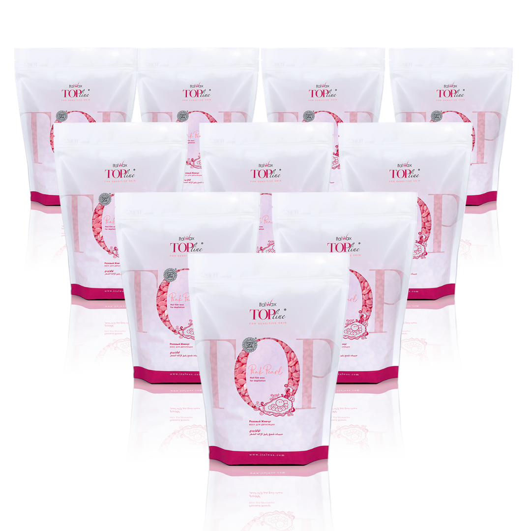 W318 Italwax 10 x 1kg Top Line Synthetic Pink Pearl Film Wax | A collection of pink pearl Italwax Emerald film wax, for professional hair removal, in a white and pink branded Italwax plastic bag with bright pink wax beads showing 
