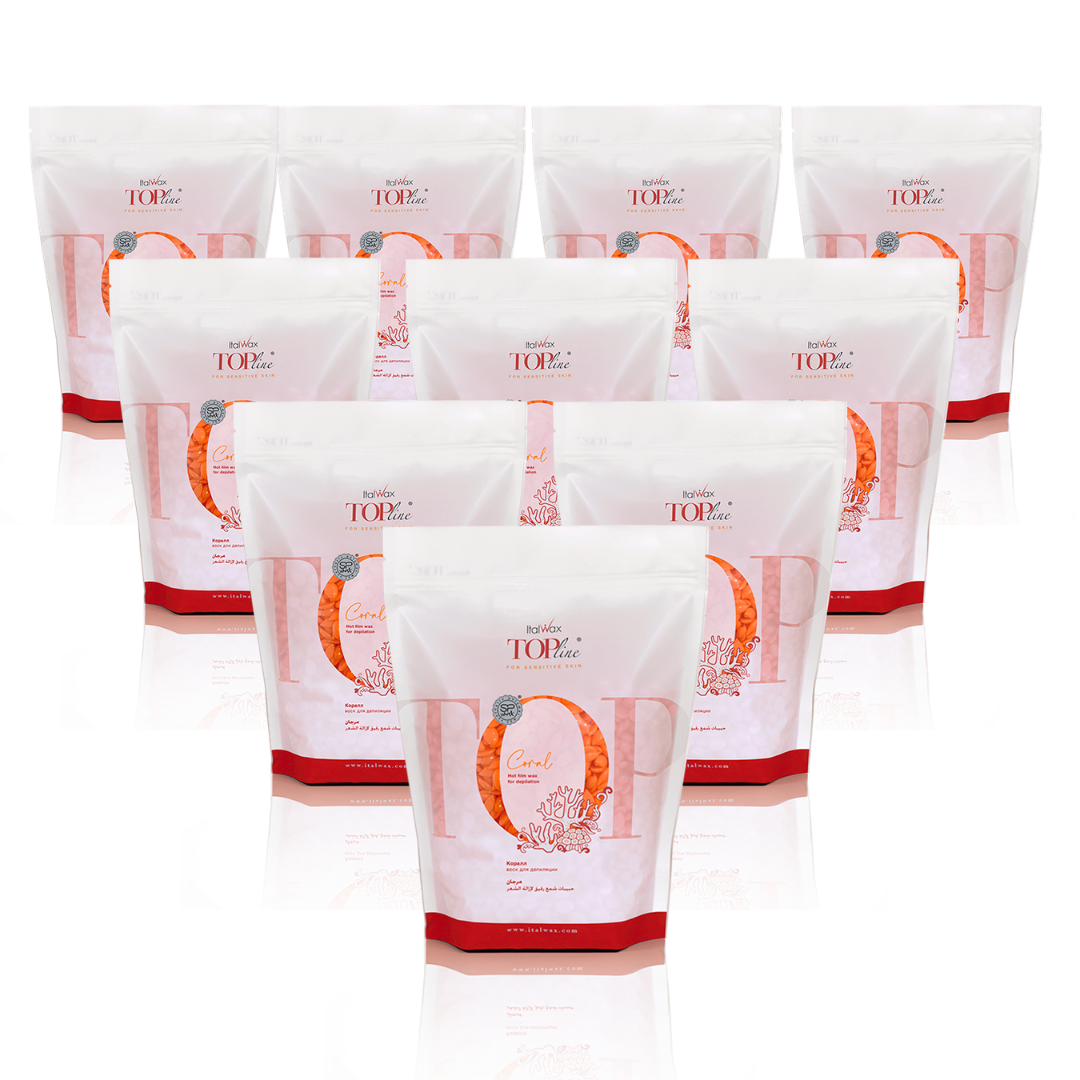 W310 Italwax 10 x 1kg Top Line Synthetic Coral Film Wax | A collection of orange Italwax Coral film wax, for professional hair removal, in a white and orange branded Italwax plastic bag with orange wax beads showing 
