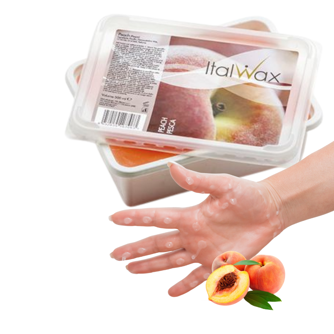 W322 Italwax Peach Paraffin Wax | A clear plastic tub of peach paraffin wax treatment with a printed lid label reading 'Italwax' and 'PEACH WAX', shown with a hand coated in paraffin wax and small peach graphics on a white background.