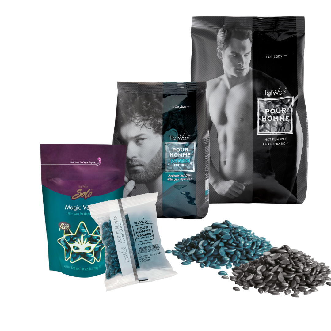 Four bags of Italwax film hot hair removal wax for men, including Pour Homme Barber and Pour Homme variants, shown with their corresponding wax beads in piles on a white background.