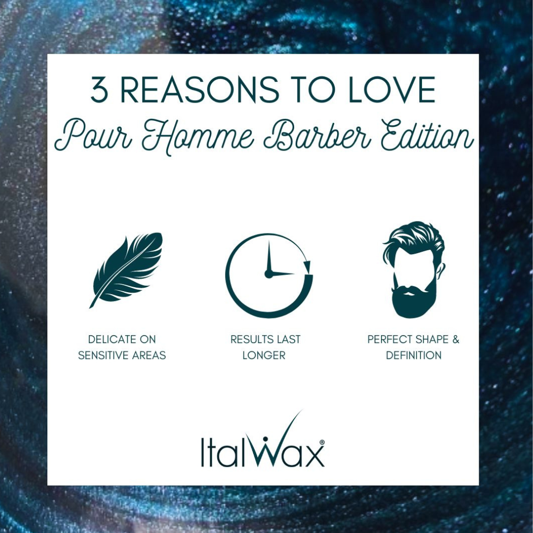 Promotional graphic for ItalWax male hair removal wax, featuring a white central card with the text '3 REASONS TO LOVE Pour Homme Barber Edition' and three dark teal icons with labels: a feather for delicate care on sensitive areas, a clock for lasting results, and a beard silhouette for perfect shape and definition. The card is set against a dark blue, starry, cosmic background.
