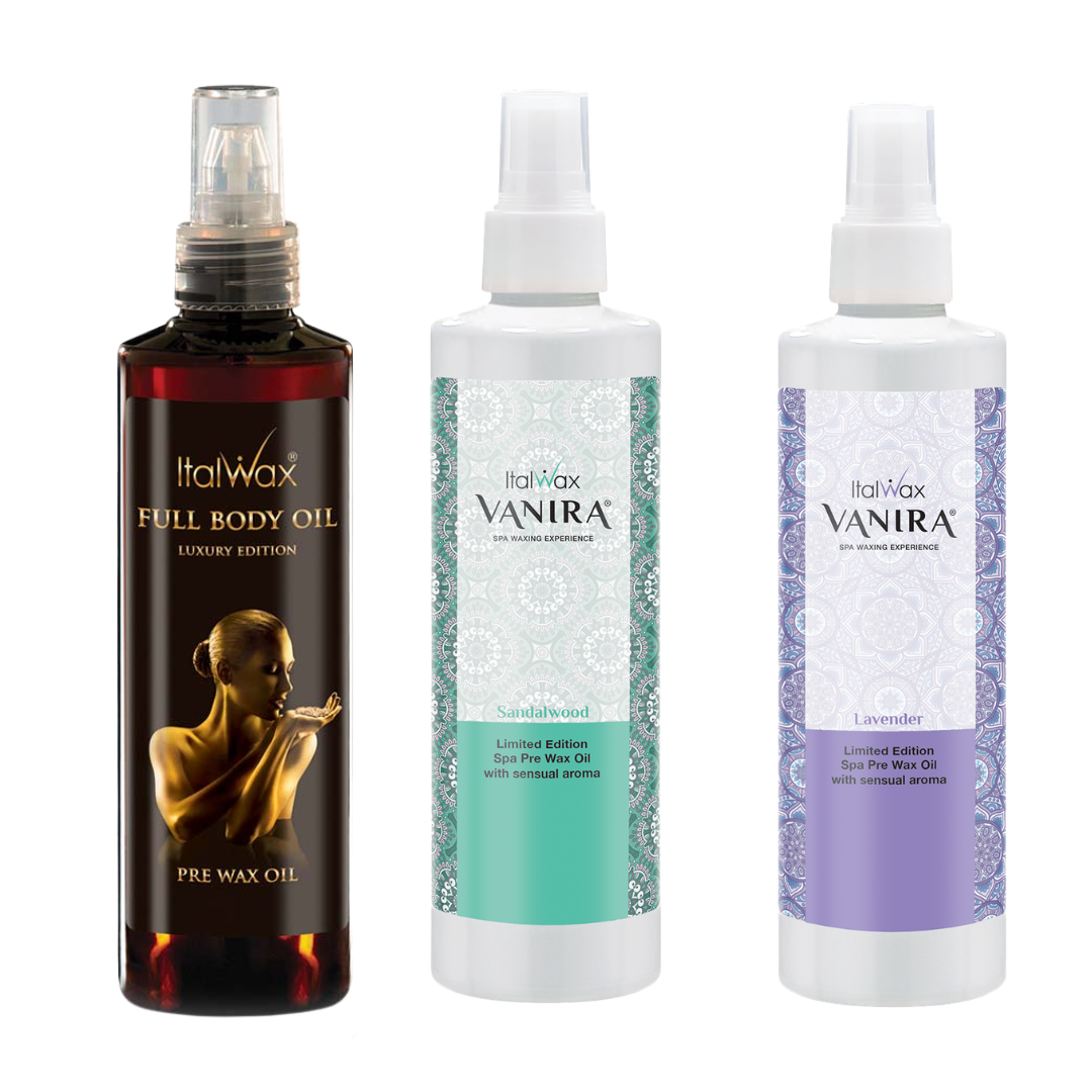 W330 Italwax Film Wax Pre-wax Oil | Three Italwax pre-wax oil bottles on a white background: a dark amber Full Body Oil bottle on the left, and two white Vanira bottles with teal and lavender labels on the right.