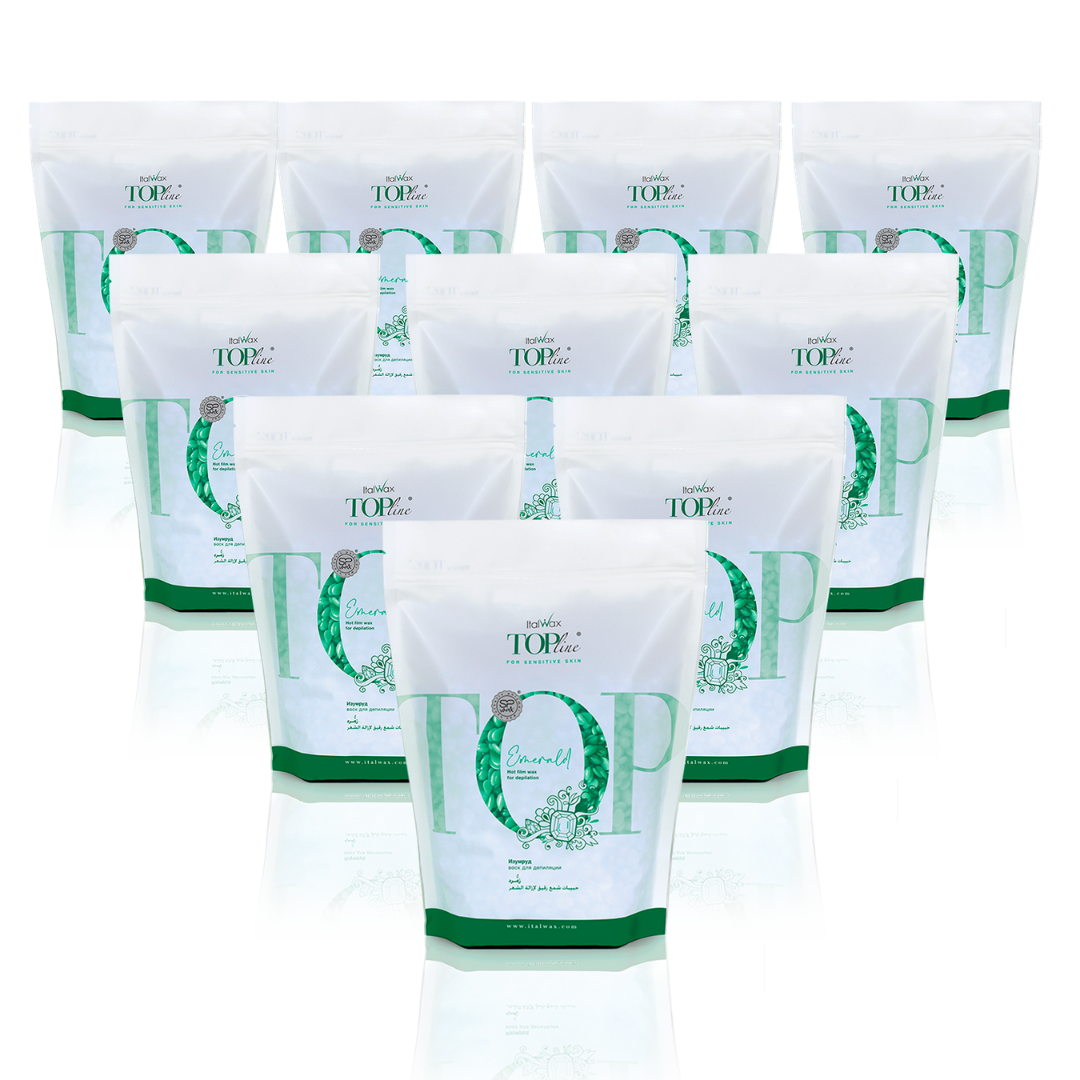 W332 Italwax 10 x 1kg Top Line Synthetic Emerald Film Wax | A collection of green Italwax Emerald film wax, for professional hair removal, in a white and green branded Italwax plastic bag with bright green wax beads showing 