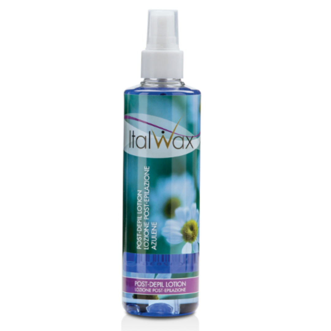 W352 Italwax 500ml Azulene Oil-free Post-wax spray| A bottles with spray of Italwax azulene oil-free post wax lotion in 500ml with blue labels featuring flower images and the brand name.