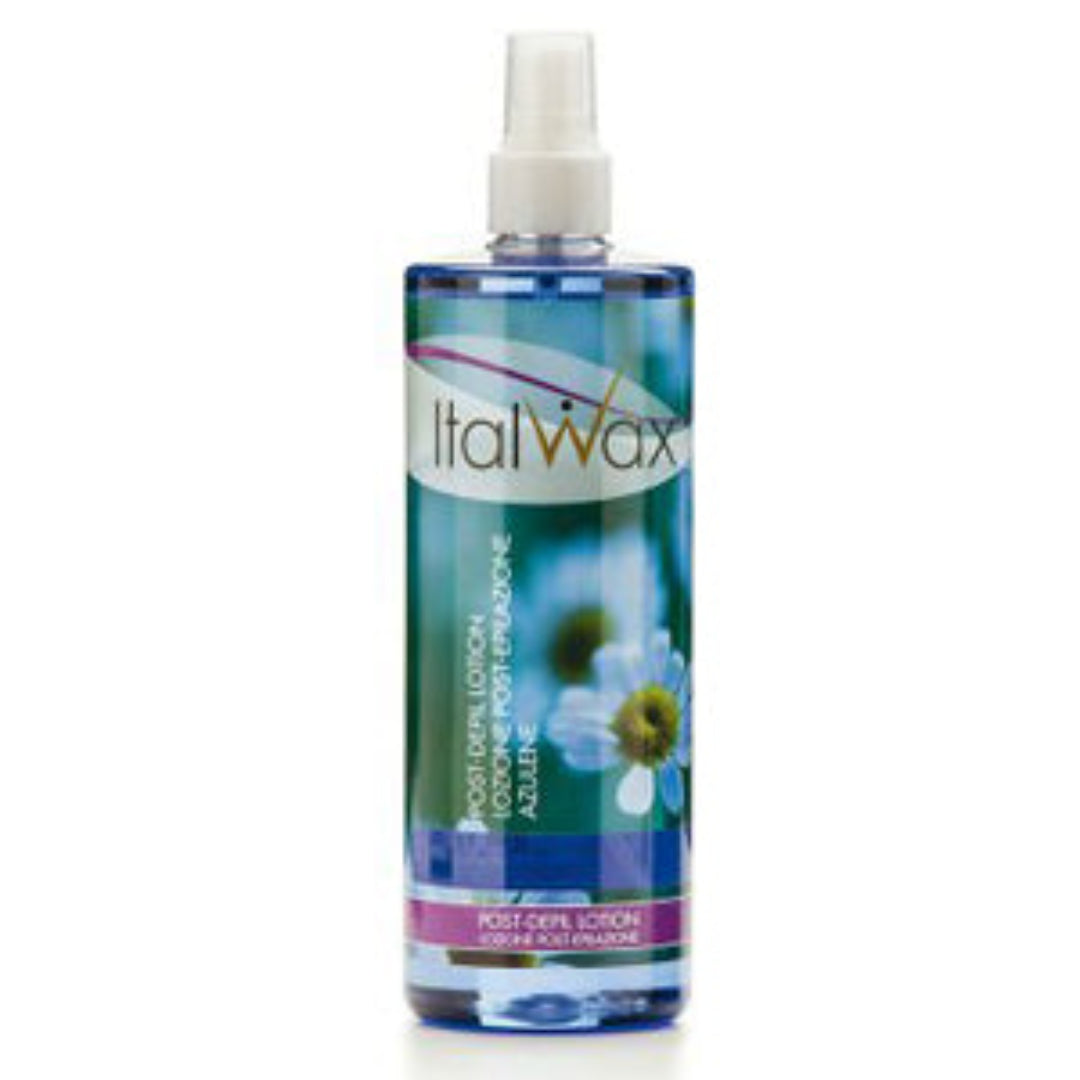 W352 Italwax 250ml Azulene Oil-free Post-wax spray| A bottles with spray of Italwax azulene oil-free post wax lotion in 250ml with blue labels featuring flower images and the brand name.