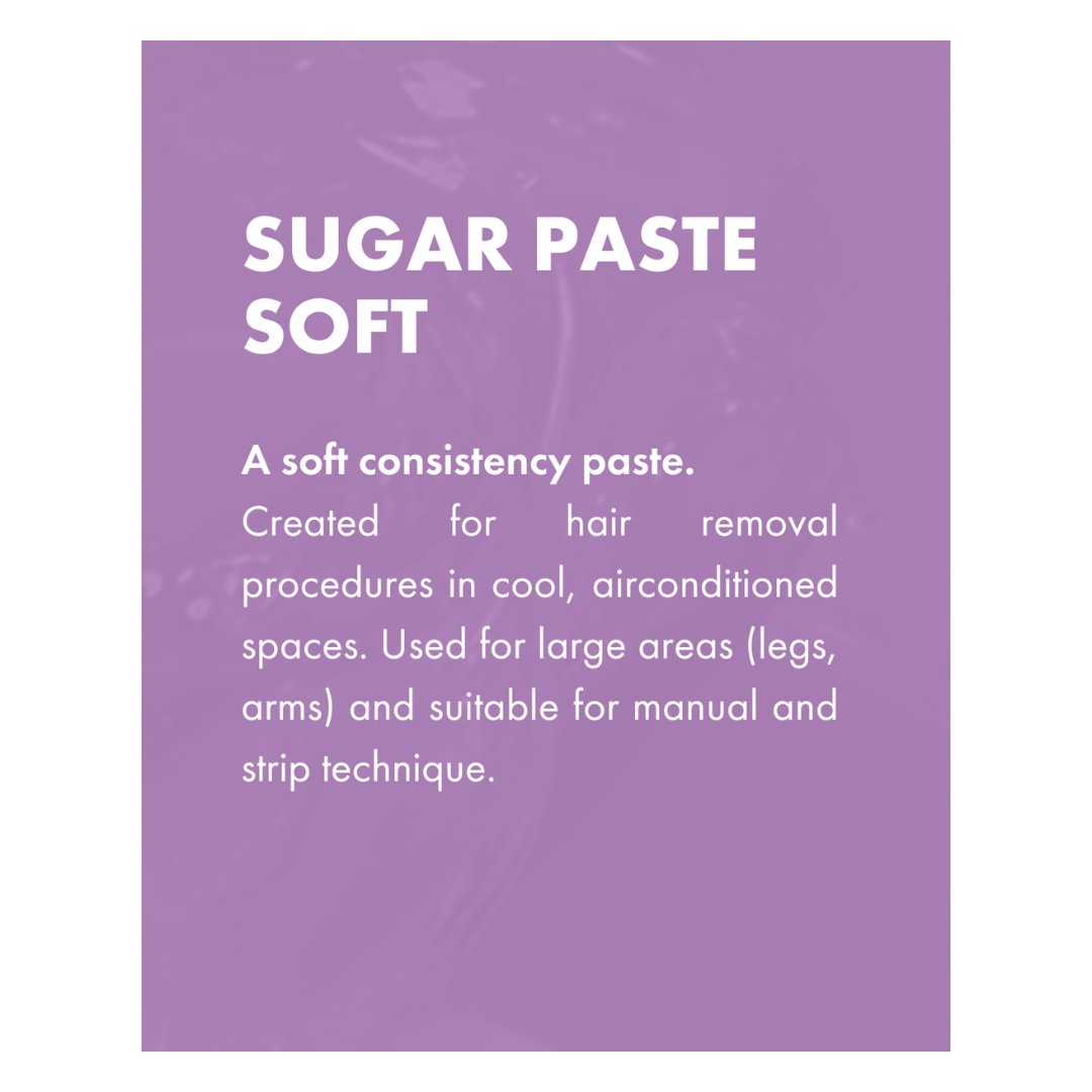 W353 Italwax Soft Sugar Paste Wax | A purple informational card with white text reading 'SUGAR PASTE SOFT' and additional product description text about a soft consistency paste for hair removal.