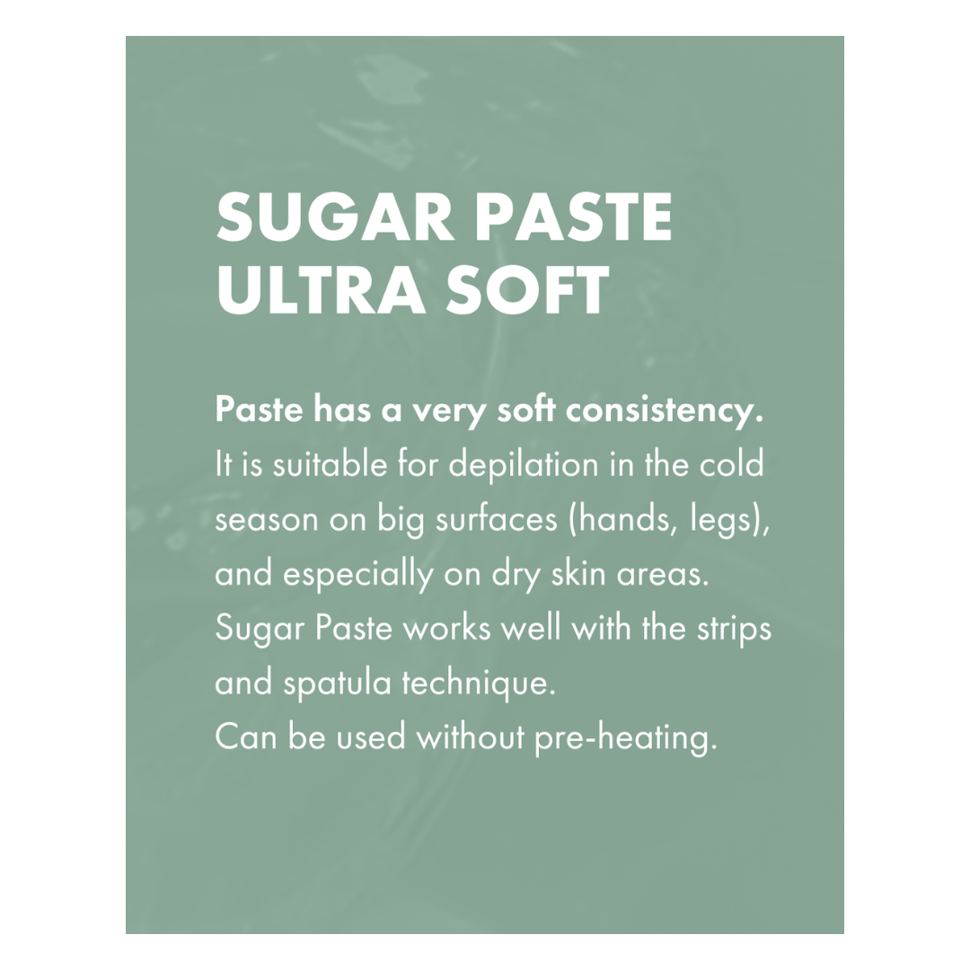 W353A Italwax Extra Soft Sugar Paste Wax | A text-based informational graphic for 'SUGAR PASTE ULTRA SOFT' on a muted green background, describing the paste's soft consistency and usage suggestions.