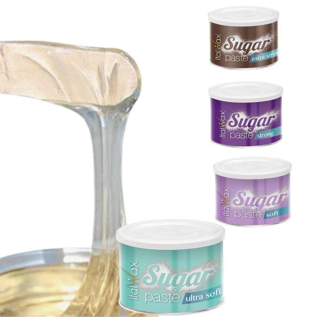 Four jars of Italwaxx Sugar Paste wax shown in different strengths (extra soft, strong, soft, ultra soft) in brown, purple, and teal packaging, alongside a demonstration of the wax being melted and stretched into a clear, elastic thread.