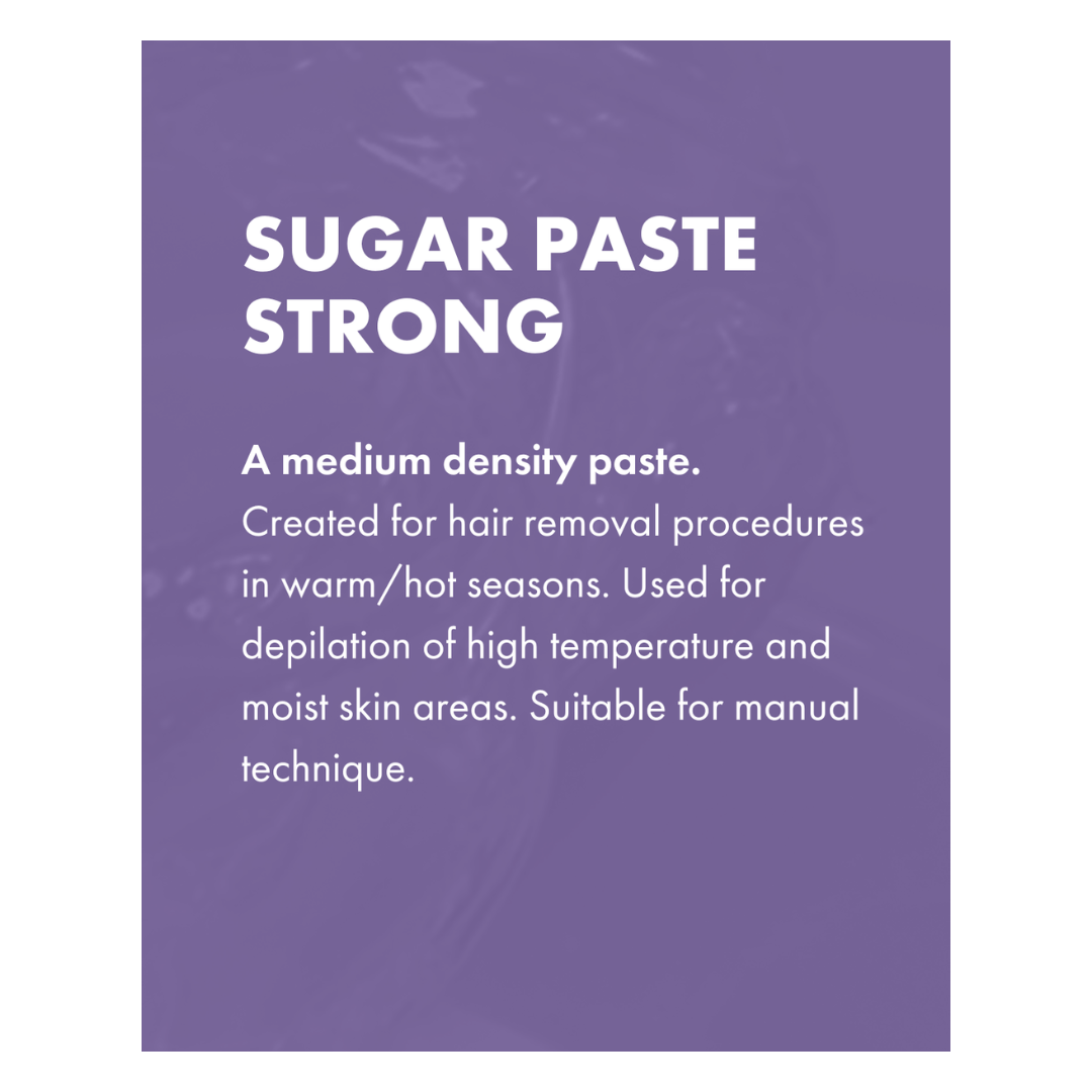 A purple informational card with white text reading 'SUGAR PASTE STRONG' and additional product description text about medium density paste for hair removal procedures.