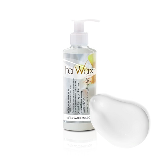 W357A Italwax 100ml After Wax Orchid Emulsion with Hair Retardant | A white pump bottle of Italwax after wax emulsion with a white lotion swatch in foreground on a white background