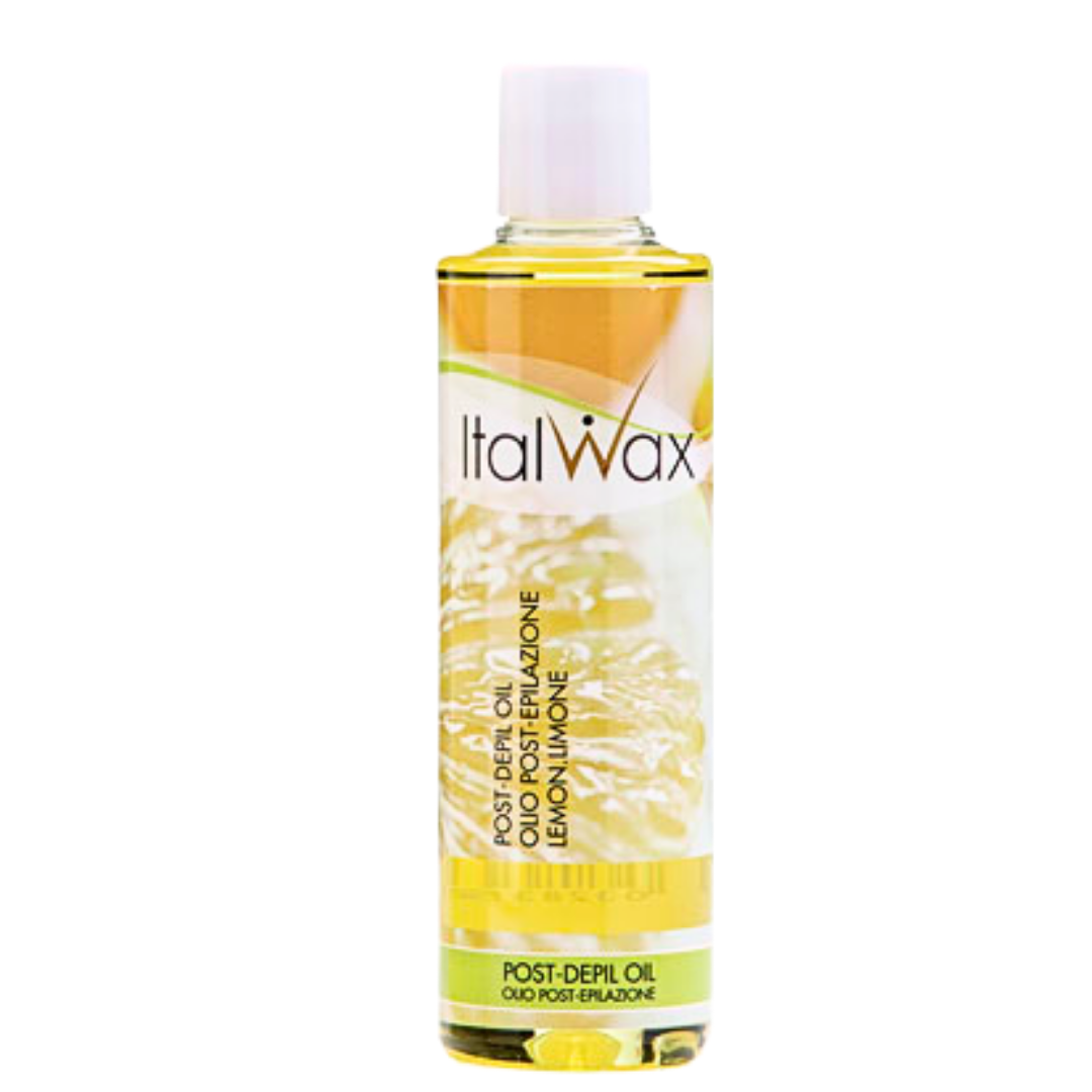 A bottle of ItalWax Post-Depil Oil in the Lemon Lime variant, featuring a clear bottle filled with yellow oil, a white cap, and a label with a lemon graphic, set against a plain white background.