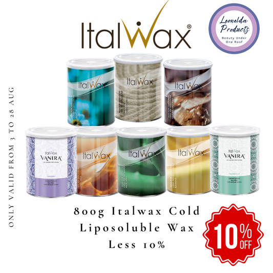 W360 Italwax Cold Strip Wax 500g and 800g Cold Strip Wax Less 10% | A promotional graphic for Italwax cold liposoluble wax in 800g metal tins. The image shows multiple wax tins in different colors (teal, beige, brown, purple, orange, green, yellow, mint) arranged on a white background with promotional text and badges.