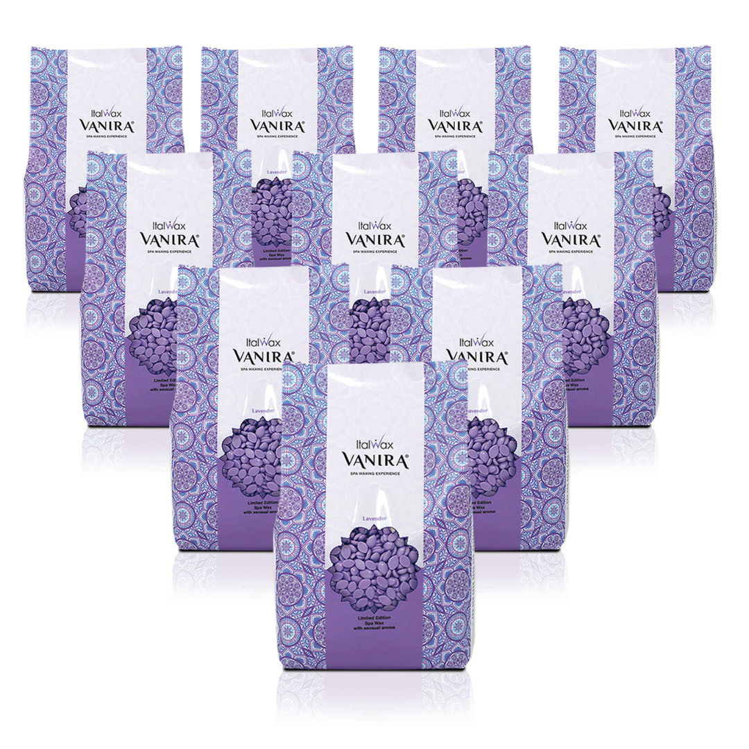 W382 Italwax 10 x 1kg Vanira Spa Lavender Film Wax | A collection of lilac Italwax Lavender film wax, for professional hair removal, in a white and lilac branded Italwax plastic bag with lilac wax beads showing 