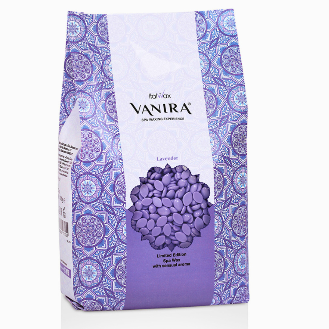 W382 Italwax 1kg Vanira Spa Lavender Film Wax | Lilac Italwax Lavender film wax, for professional hair removal, in a white and lilac branded Italwax plastic bag with lilac wax beads showing 