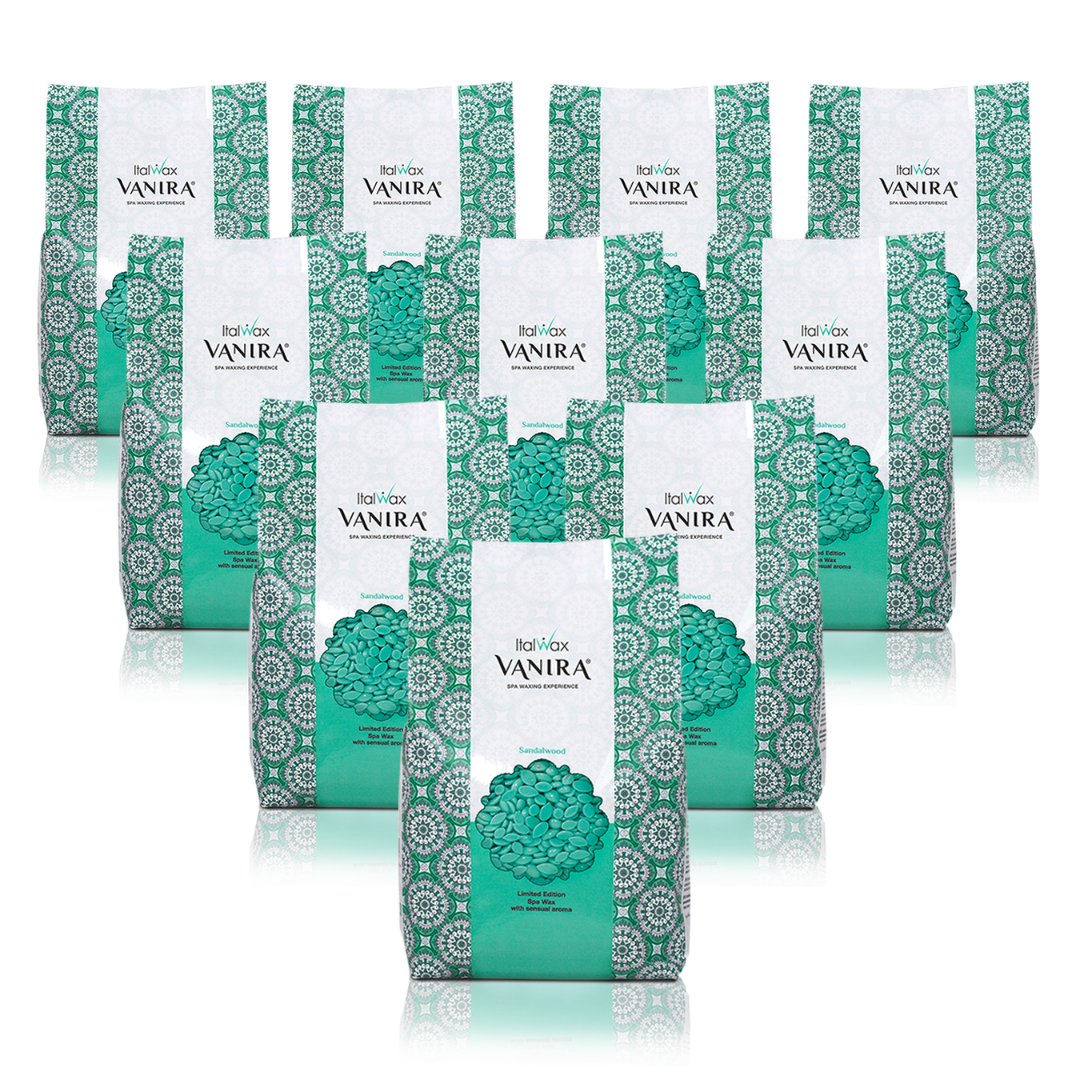 W383 Italwax 10 x 1kg Vanira Spa Sandalwood Film Wax | A collection of teal Italwax Sandalwood film wax, for professional hair removal, in a white and teal branded Italwax plastic bag with teal wax beads showing 