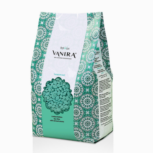 W383 Italwax Vanira Spa Sandalwood 1kg Film Wax | Italwax Vanira Sandalwood 1kg spa waxing beads including an aqua package bag with the Italwax brand and product name 