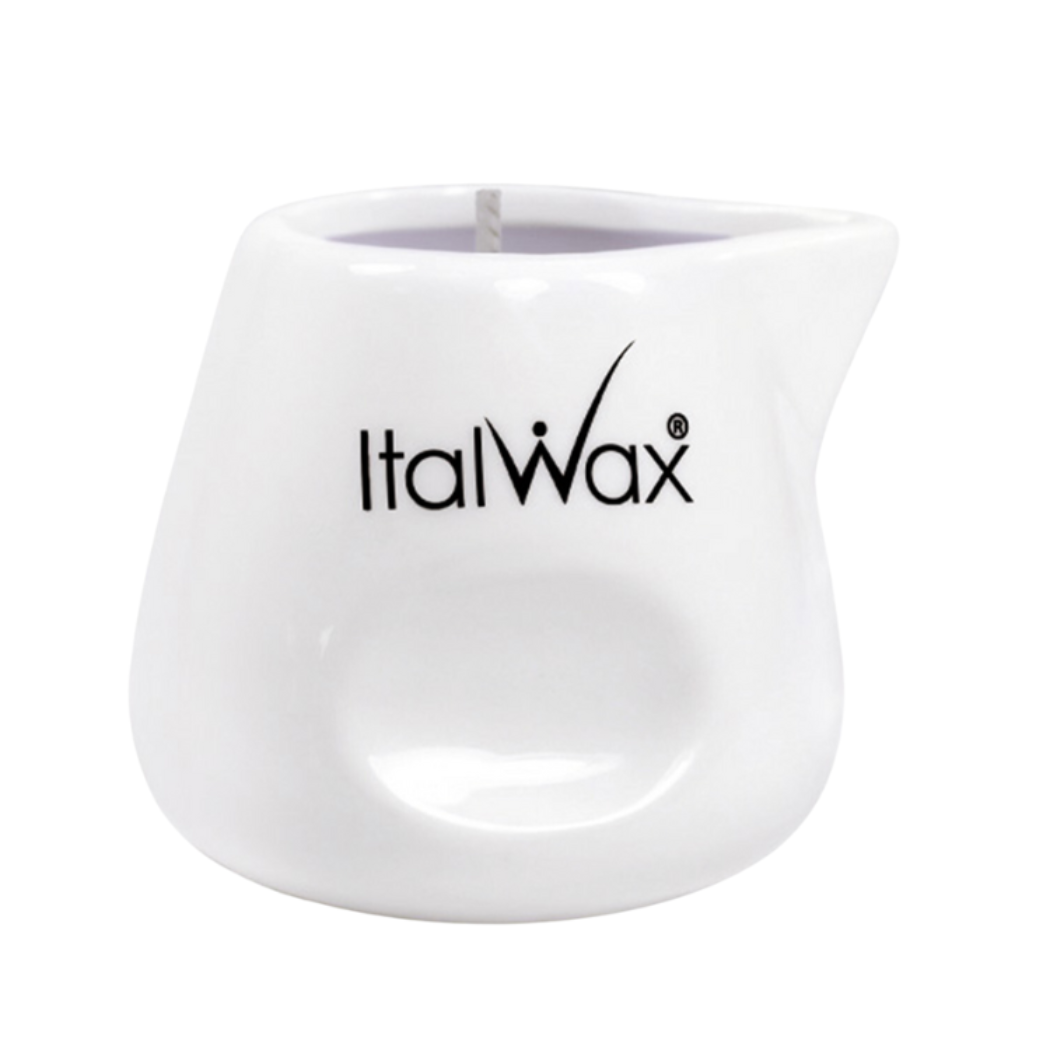 W386 Italwax After wax Massage Lavender Candle | An Italwax Lavender post waxing massage candle in white ceramic holder with the brand name and sandalwood in the background