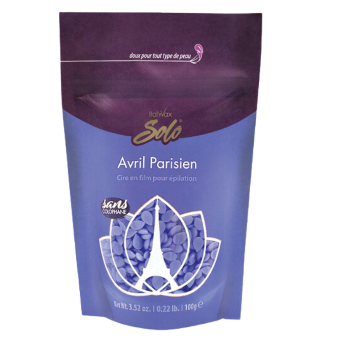 W388B Italwax 100g Orchid Film Wax | A light and deep purple bag of Italwax Orchid film wax with Italwax brand and name Avril Parisien printed on bag, jelly light purple wax beads showing through