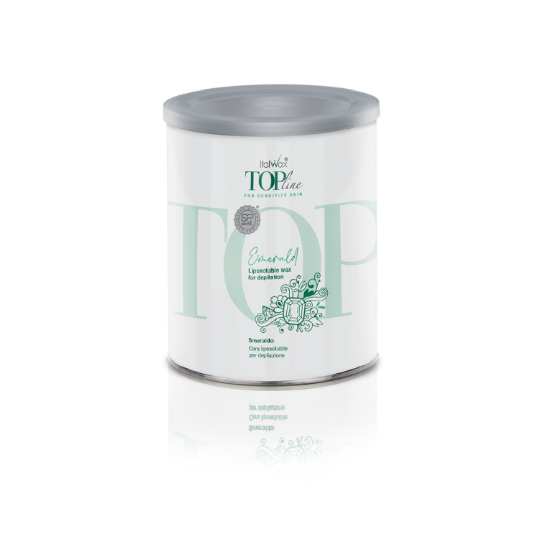 W395 Italwax 800g Emerald Cold Wax | An 800g tin of Italwax Emerald cold strip wax hair removal wax, with a white and green label showing the product name and Italwax brand