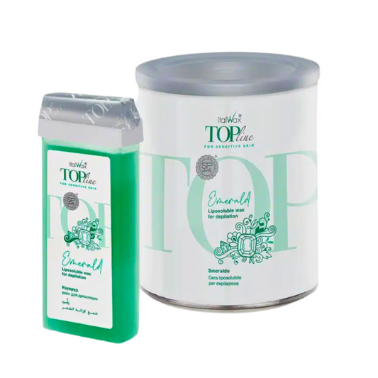 W395 Italwax 800g Emerald Cold Wax | A set of Italwax Emerald cold wax hair removal products, with a waxing roller and an 800g tin, labeled for sensitive skin.