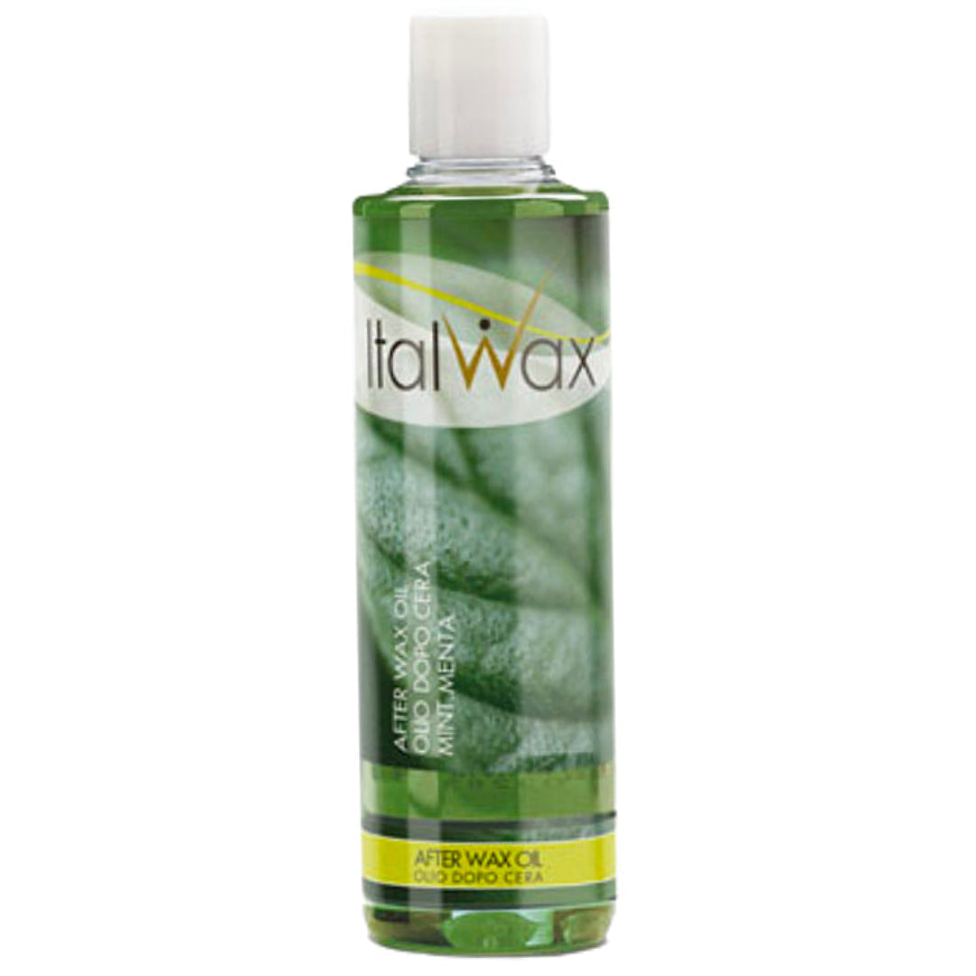 W404 Italwax 250ml Menthol After Wax Cleansing Soothing Oil | A spray bottle of Italwax menthol after wax skin cleaner with a green label and Italwax branding