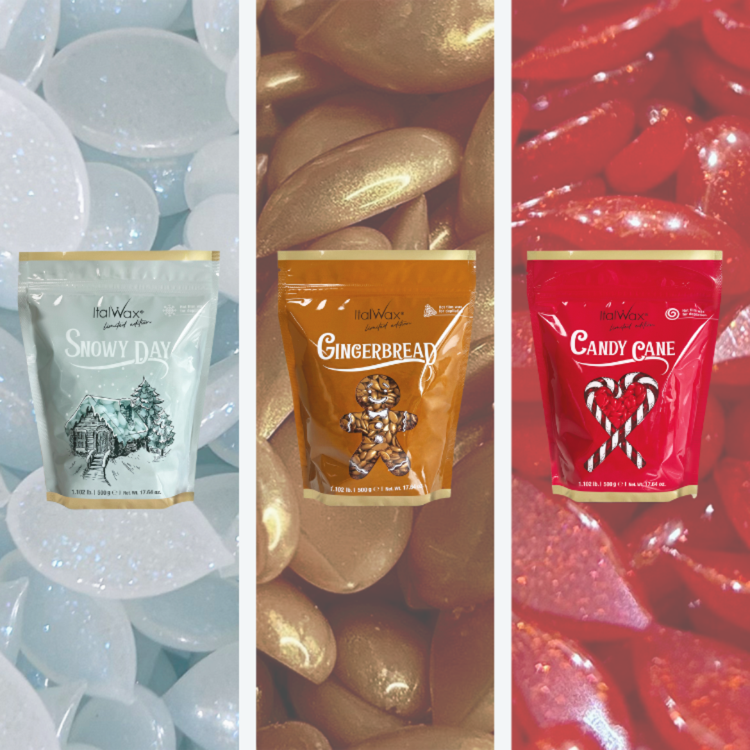 Three bags of gold, light blue and red Italwax film wax with wax beads in backround