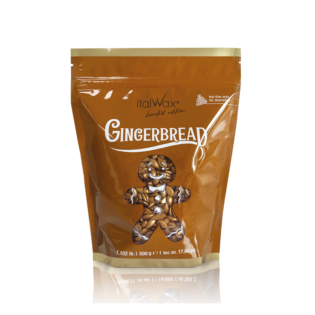 W500 Italwax Gingerbread Film Wax | A 500g bag of Italwax Limited Edition Gingerbread film wax, featuring a golden-brown design with a gingerbread man illustration and white lettering, set against a plain white background with a subtle reflection.