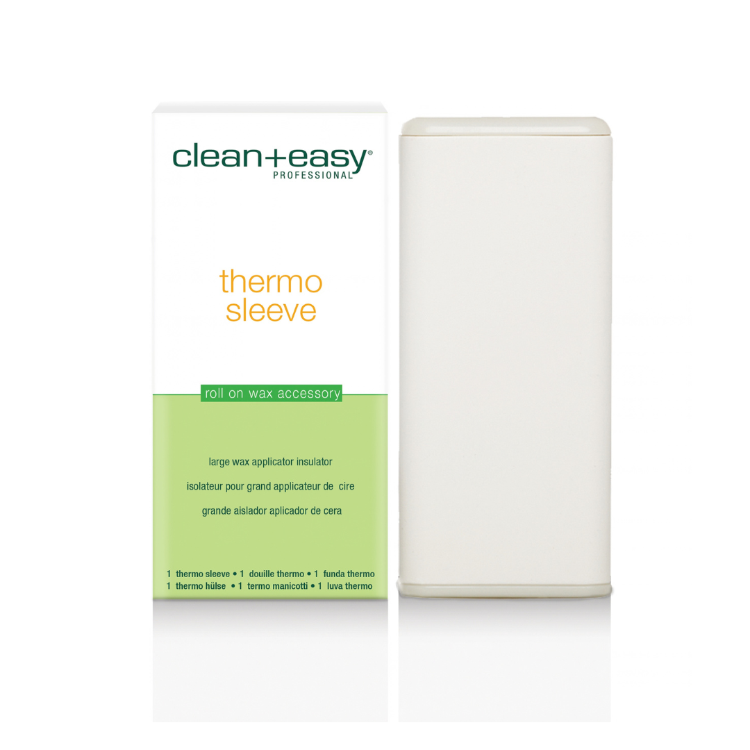Clean+Easy Professional Thermo Sleeve roll-on wax accessory shown with its white and light green retail box next to a white cylindrical wax roll on a clean white background.