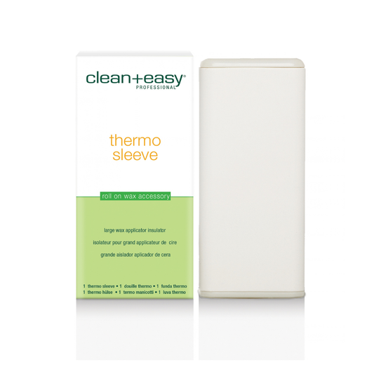 Clean+Easy Professional Thermo Sleeve roll-on wax accessory shown with its white and light green retail box next to a white cylindrical wax roll on a clean white background.