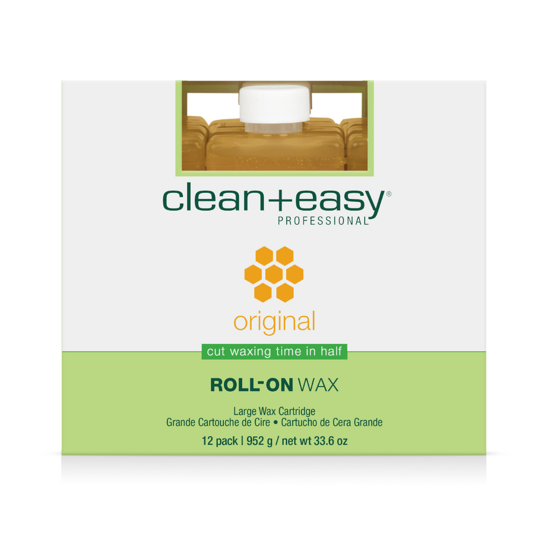 Clean+Easy Professional Roll-On Wax 12-pack box, featuring a white and light green design with an orange honeycomb logo and a small photo of a wax melt on a wooden block.