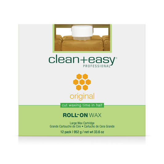 Clean+Easy Professional Roll-On Wax 12-pack box, featuring a white and light green design with an orange honeycomb logo and a small photo of a wax melt on a wooden block.