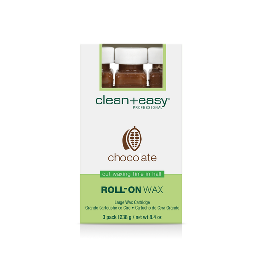 Clean+Easy Professional Roll-On Wax chocolate scent wax cartridge box, featuring a white and light green design with a small photo of three amber glass bottles at the top.