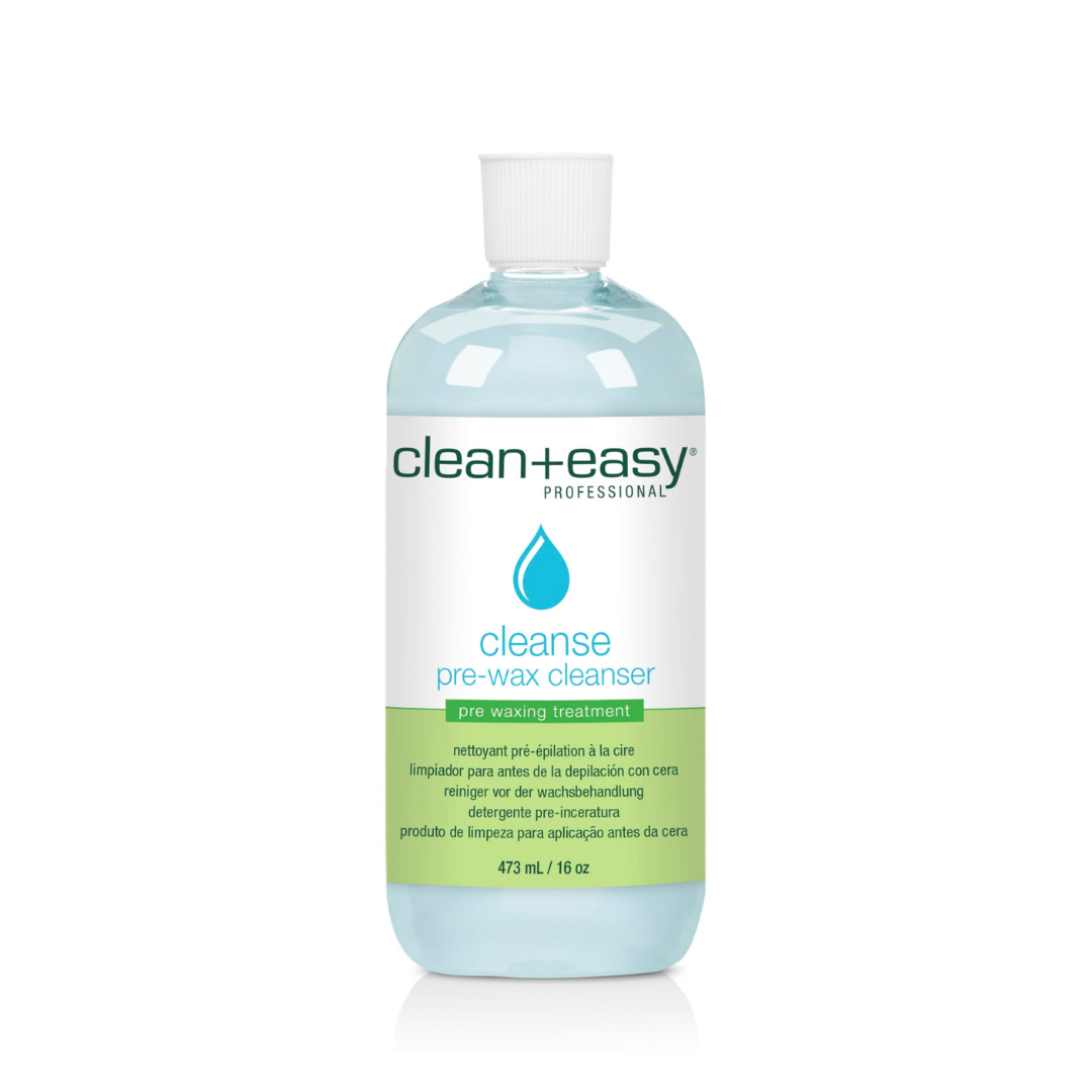 A bottle of Clean+Easy Professional Cleanse Pre-Wax Cleanser, 473 mL (16 oz), featuring a clear bottle with light blue liquid, a white cap, and a white and green label.