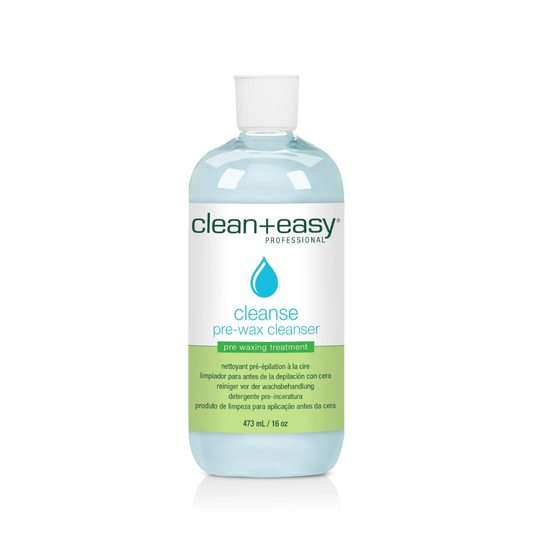 A bottle of Clean+Easy Professional Cleanse Pre-Wax Cleanser, 473 mL (16 oz), featuring a clear bottle with light blue liquid, a white cap, and a white and green label.