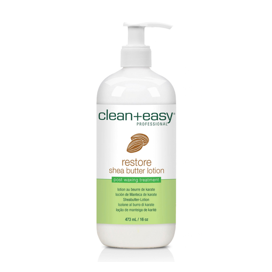 Clean + Easy Professional Restore Shea Butter Lotion in a 473 mL (16 oz) white pump bottle with a green and brown label, shown on a white background with a soft reflection.