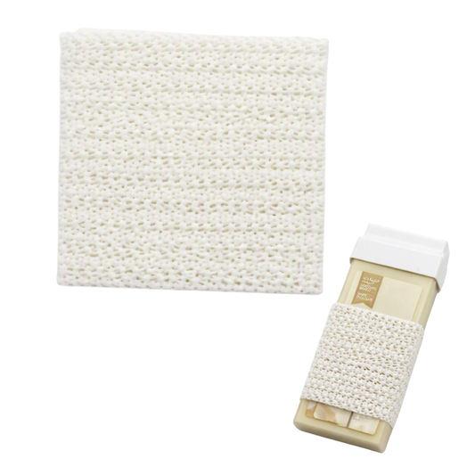 An off-white textured mesh hand protector shown flat and wrapped around an Italwax wax roller, on a solid white background.