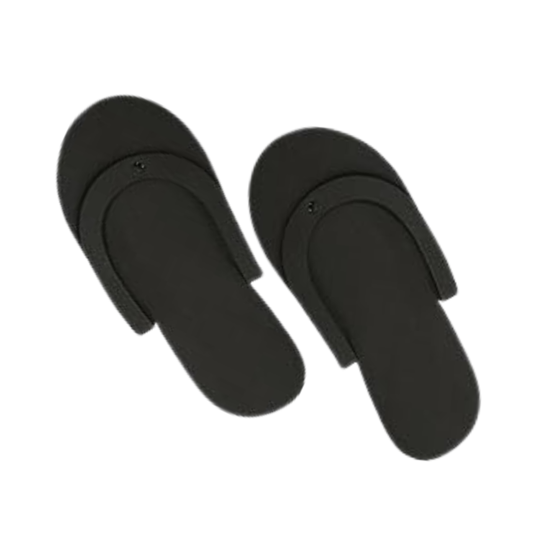 Z701K Black Disposable EVA foam slippers | Pair of black flip-flops on a white background