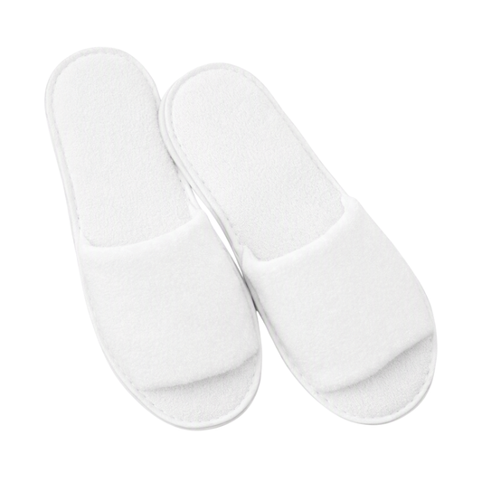 A pair of white plush bath slippers shown from a top-down view on a plain white background.