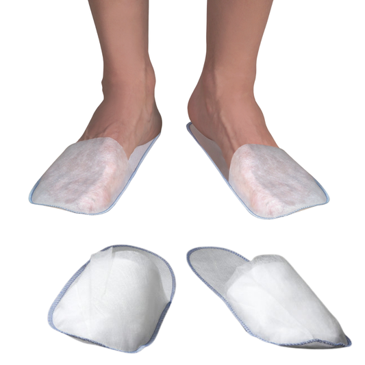 Z701N Male Spa Slippers | A pair of white non-slip men slippers shown being worn on feet and also displayed separately on a plain white background.