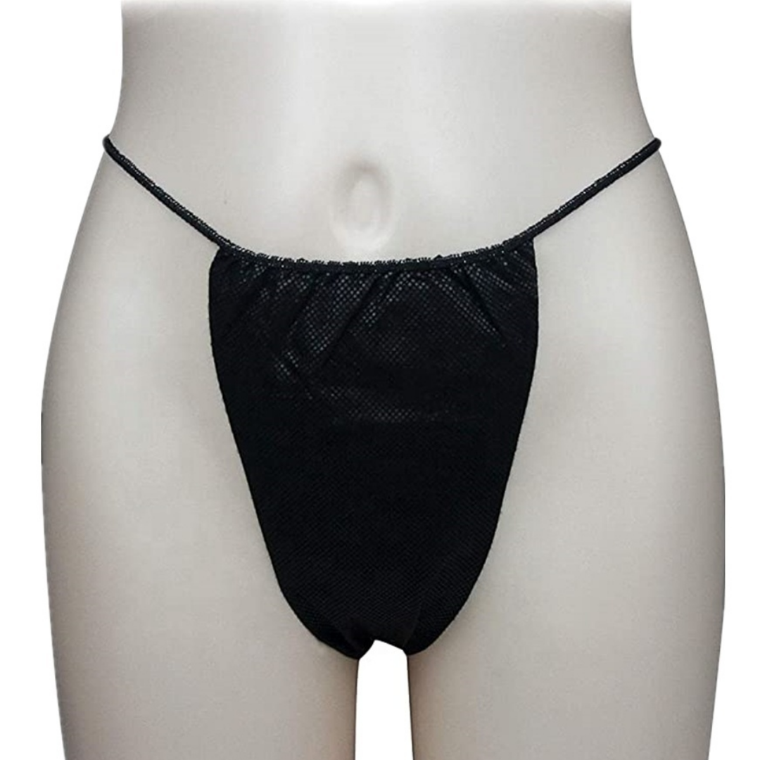 Z702E Disposable Waxing Body wrap G-string | Black non-woven disposable thong underwear displayed on a light gray mannequin torso against a white background.