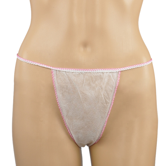 Z702E Disposable Waxing Body wrap G-string | A close-up of a mannequin torso wearing a disposable thong-style underwear bottom with a sheer off-white mesh center and pink trim along the waistband and sides.