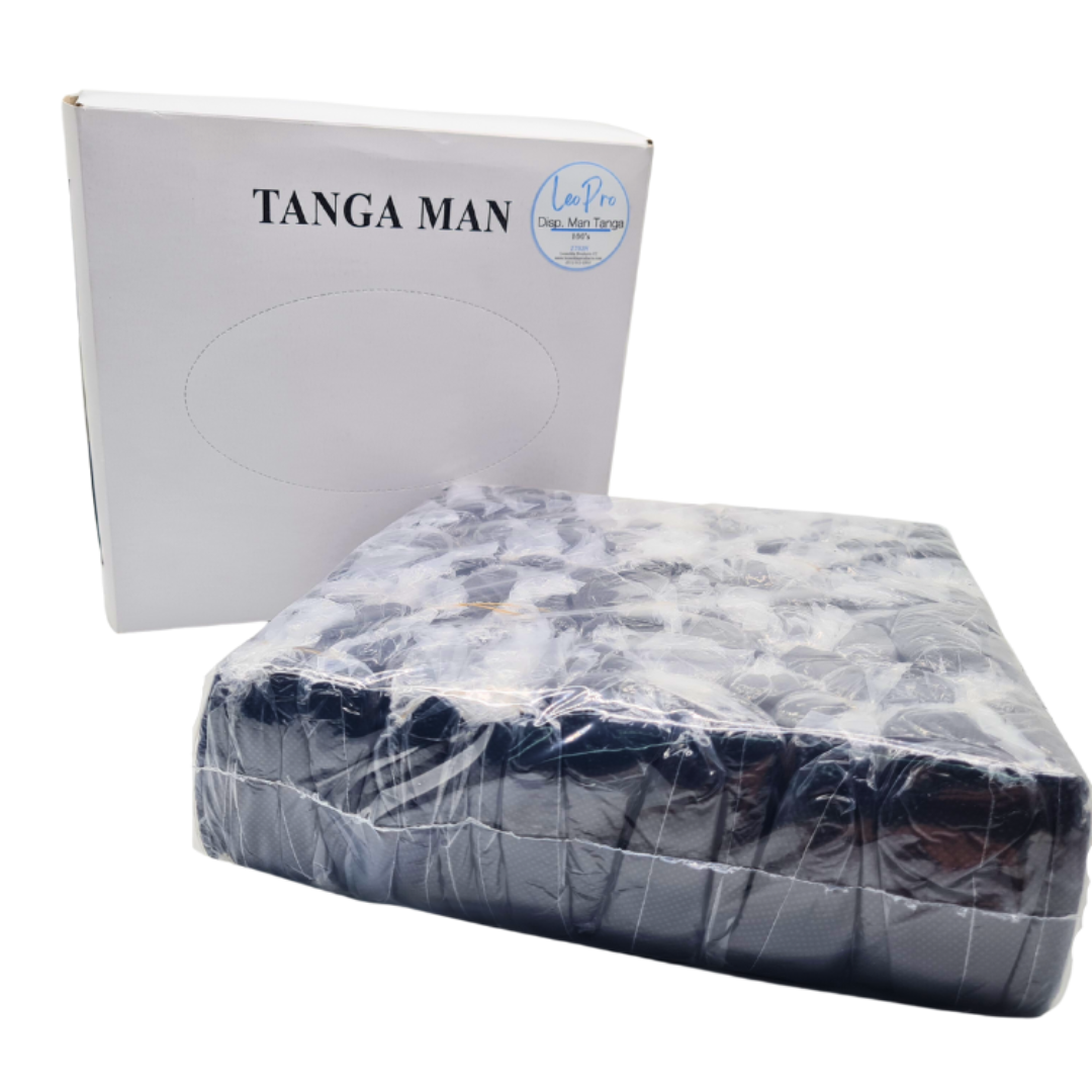 A pack of disposable men's underwear tangas in black color with a white elastic band on top, placed next to its packaging box with the brand name 'Leonelda' visible on it.