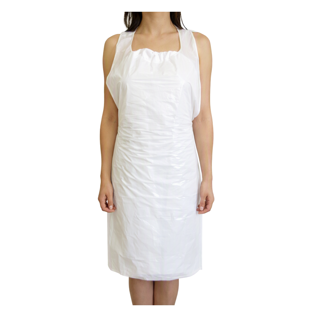 A white plastic apron with a square neckline, shown on a model against a plain white background.