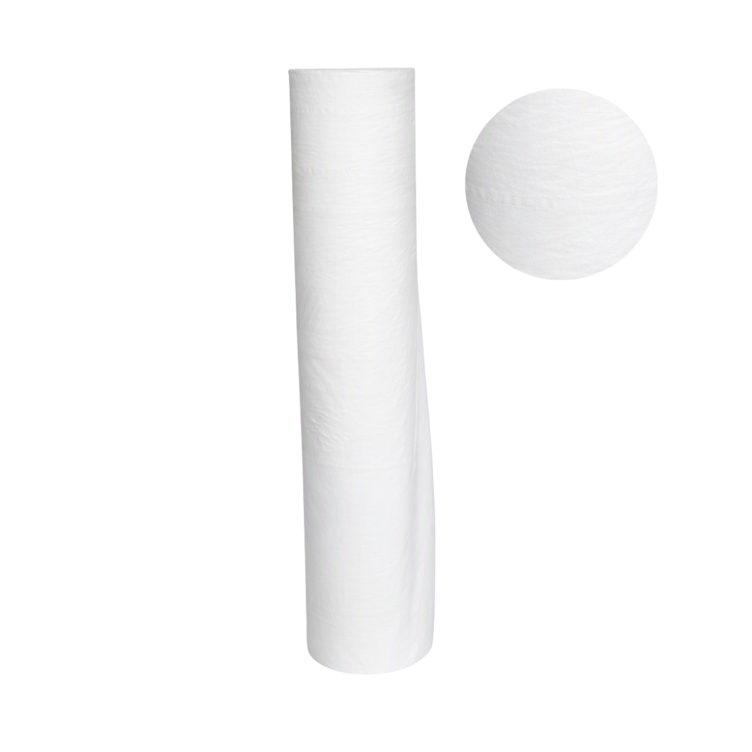A white paper roll of textured material shown upright next to a circular close-up inset of the fabric texture, on a plain white background.